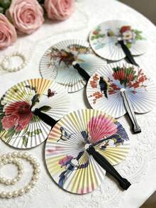 12支白色心形空白纸扇，欧式婚礼用品，DIY派对用品，心形扇，广告扇，礼品 - 花鳥扇隨機圖案 - 查看 1