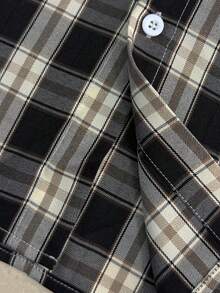 WAIT HIM Camisa casual de manga corta con botones delanteros a cuadros para hombre, de verano - Blanco y Negro - Ver 5