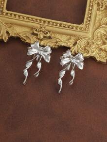 1 Pair Elegant Ribbon Bow Decor Earrings, Versatile Casual Chic Aesthetic Vibe - Silver - View 4