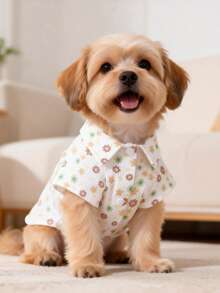 1件柔软可爱的宠物狗服装，舒适的拉绒设计，撞色花卉印花，创意短袖衬衫，适合幼犬/小型犬，四季皆宜。 - 米色 - 查看 3