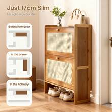 LOVEWE 1pc Bamboo Narrow Hidden Shoe Cabinet, 2 Flip-Top Drawers Rattan Vent Panel, Slim Space-Saving Anti-Tip, Top Shelf For Keys/Bags, Entryway/Bedroom/Hallway Shoe Storage - màu nâu - Xem 4