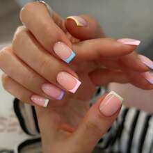 Press On Nails Medium Square, Colorful French Tip Press On Nails Short With Glue For Women,  - 120 Soft Gel Glue On Nails Kit, Realistic Look - Trong sáng - Xem 10