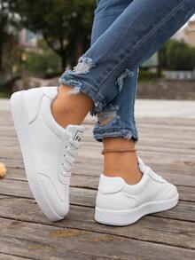 Women's White Low-Top Sneakers - Holographic Detail Fashion Casual Shoes - White - View 5