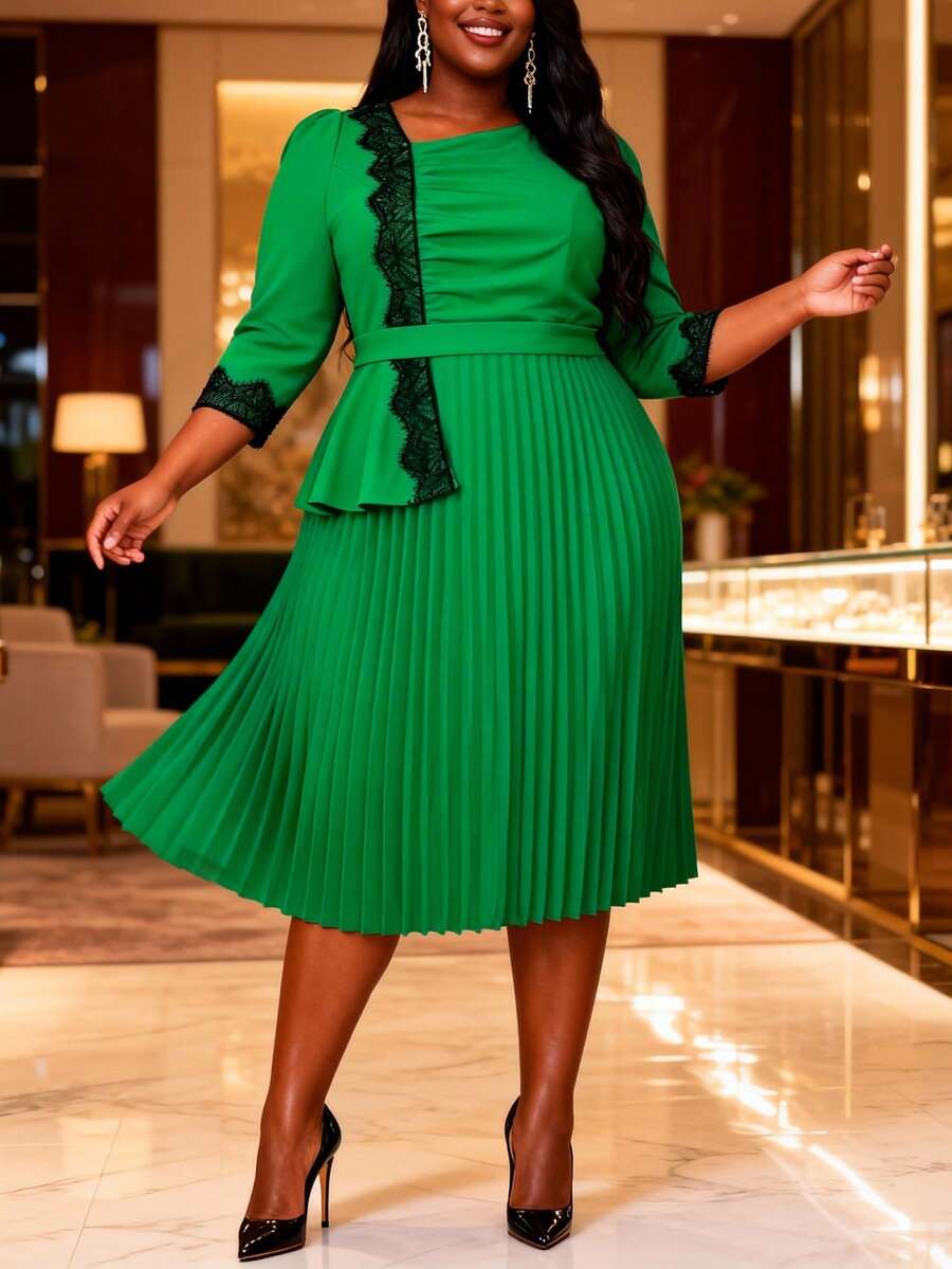 女士大码优雅绿色褶裥A字裙摆连衣裙，蕾丝边饰，春季七分袖中长款端庄周日连衣裙 - 綠色 - 查看 1