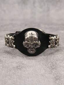 1pc Punk Skull Leather Bracelet, Adjustable Buckle Unisex Wristband For Daily Wear, Party Outfit, Couples, Gifts For Siblings