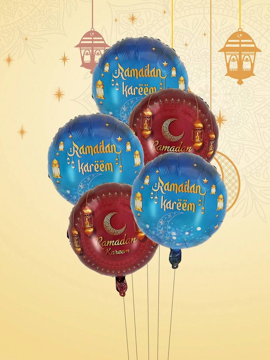 5 pezzi Palloncini a forma di stella e luna da 18 pollici per lampade ad olio, palloncini rotondi in lamina per Ramadan Karrem, palloncini ad elio per Eid Mubarak, decorazioni per il Ramadan - Multicolore - Visualizzare 1