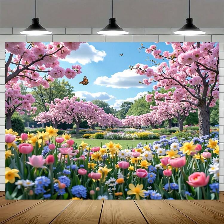 充满活力的春日花卉摄影背景，粉色郁金香和混合花卉，木地板，非常适合复活节生日派对和迎婴派对等多功能横幅背景。多种场景可供选择。 - 彩色 - 查看 6