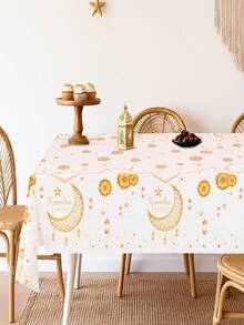 1/2pcs Ramadan Kareem Disposable Plastic Tablecloth | 86.61*51.18inch White Golden Moon Star Lantern Pattern Tablecover, Ramadan Decoration For Home, Islamic Muslim Party Supplies, Eid Al-Fitr Gifts, Party Tablecovers - Multicolor - View 7