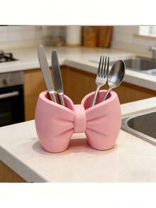 1pc Bowknot Toothbrush Holder (With Drainage Hole), Pink Butterfly Shaped Storage Cup | Toothbrush Holder/Desktop Pen Cup, Bathroom Vanity Organizer, Makeup Brush Holder, Cute Decor For Valentine's Day, Bedroom Desk Creative Storage Bucket - Multicolor - View 4