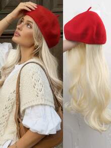 26英寸女士红色贝雷帽假发，棕色长卷发合成假发，时尚可拆卸女士假发，耐热合成纤维，适合日常佩戴 - 棕色 - 查看 9