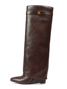 Womens New Fashionable Fold Over Boots Pointed Toe Wedge Heel Pull On Knee High Boots For Women Wide Calf With Side Zipper Padlock Design Cuffed Covered Vintage Fashion Wedding Slip On Party Shoes Work Business Casual Brown Shark Booties Easter Gift Spring Festival Summer Boots Leather Folded Booties Shoes - 棕色無扣 - 查看 9