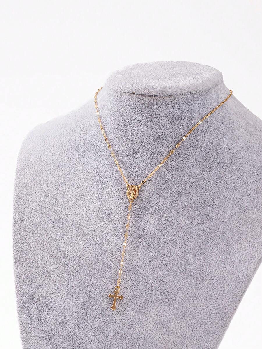 1pc Vintage Style Women's Mary Pendant Cross Necklace With Tassel, Faith Jewelry, Elegant Daily Wear, Birthday & Anniversary Gift - Multicolor - View 1