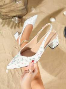 Women's Fashion Versatile Fresh Pointed Toe Chunky Heel Shoes, Comfortable Non-Slip Breathable Hollow Elastic Band Backstrap High Heel Sandals - White - View 4