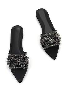 Sandal đế bằng mũi nhọn thoải mái dành cho nữ, chất liệu satin đen, đính đá lấp lánh, họa tiết hoa rỗng, thích hợp cho cả mặc hàng ngày và dự tiệc. - màu đen - Xem 3