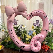1 Set 40-Inch Giant Pearl Pink Heart Shaped Foil Balloon, 16-Inch Pink Number Balloons, Decorated With Black Ribbon Bow And "Happy Birthday" Sticker, Suitable For Birthday Celebrations, Outdoor Events, Anniversary, And As Wedding Decor Background - Multicolor - View 7