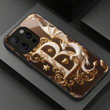 Funda protectora de vidrio premium a prueba de golpes con diseño de letra B de patrón dorado Feilong compatible con  17ProMax/17Pro/17, 16ProMax/16Pro/16Plus, 16/15/15pro/15Plus/15promax,  14/14pro/14Plus/14promax,  13/13pro/13promax,  12/12pro/12promax,  11, 7, 8, X, XS - Colores mixtos - Ver 2