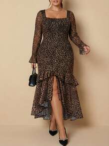 Voworia Women's Elegant Sexy Long Sleeve Ruched Double Layer Abstract Leopard Print Dress - Coffee Brown - View 1