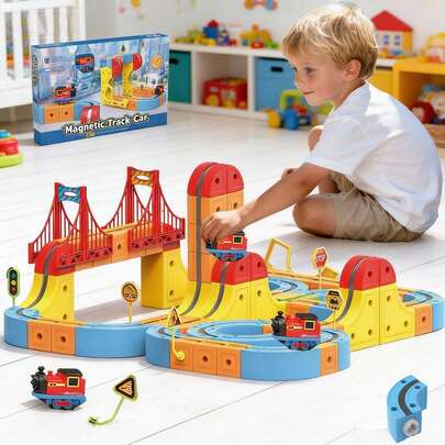 3D Holzbauklötze Zugschienen Set mit Zug und Verkehrszeichen, MINT-Spielzeug, magische Schienen-Würfel-Blöcke, elektrischer Hochgeschwindigkeits-Zug, geeignet für Kinder von 3-8 Jahren, Geburtstagsgeschenk, 66 Stücke USB-aufladbares elektrisches Zugspiielzeug