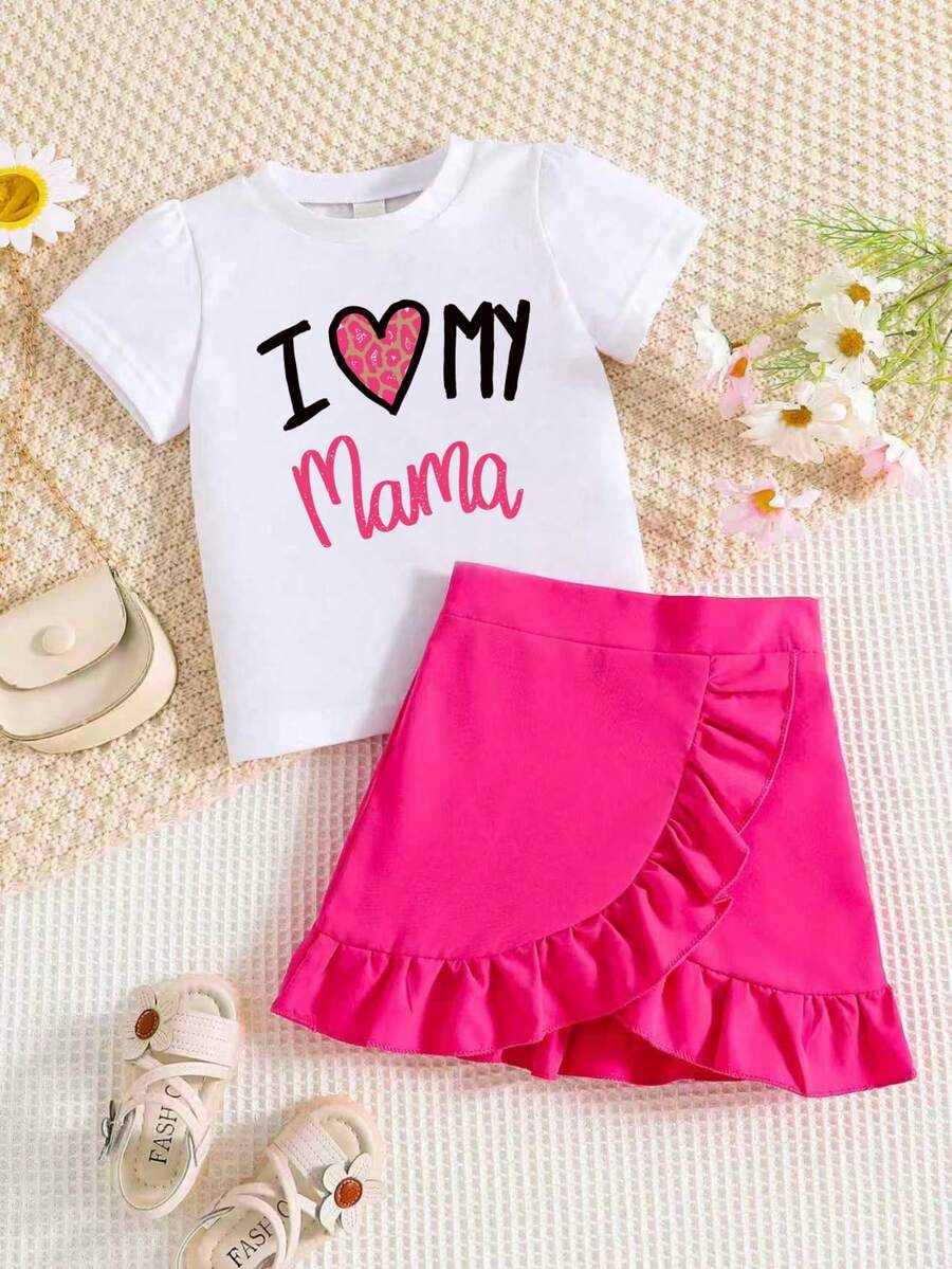 Young Girls Letter Print T-Shirt And Ruffle Hem Skirt Set - Hot Pink - View 1