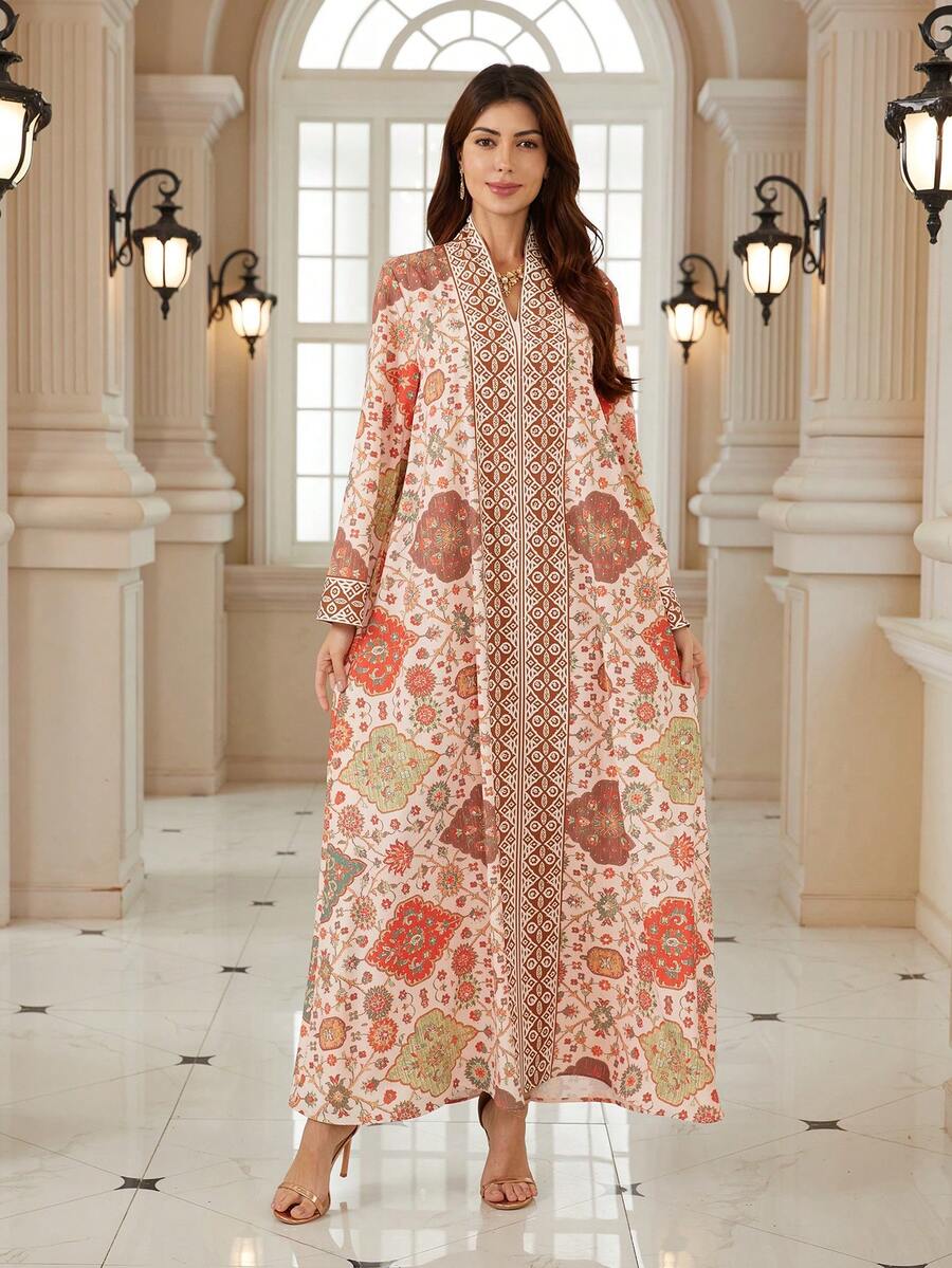 Đầm dài tay cổ chữ V thanh lịch dành cho nữ, in họa tiết Bohemian, được làm từ chất liệu mềm mại, thể hiện phong cách Bohemian sống động.