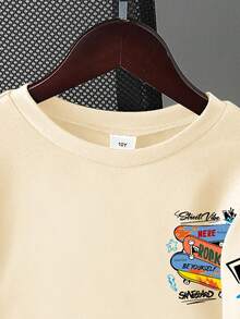 Tween Boy Cartoon Smiling Face Print Round Neck Short Sleeve Casual Versatile T-Shirt - Apricot - View 4