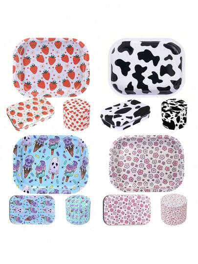 Juego de 3 piezas de accesorios para fumar, kit de inicio, incluye bandeja de liar, molinillo de 50 mm y caja de almacenamiento, multifuncional, con varios patrones impresos, herramienta para el hogar, regalo de Navidad/cumpleaños, recuerdo de fiesta