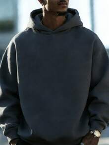 Áo hoodie nam dài tay, màu trơn, vai rớt, có dây rút và túi, kiểu dáng thường ngày, thích hợp cho mùa thu/đông, đi học. - Màu xám đen - Xem 3