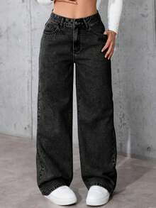 Pantaloni di jeans a vita alta e gamba ampia con stampa a fiocco, adatti per le ragazze adolescenti - nero - Visualizzare 2