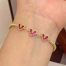 18K镀金铜锆石心形可调节珠链手链，时尚优雅，男女皆宜，适合日常佩戴、约会、节日等场合。