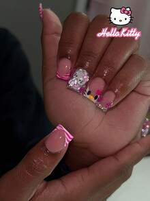 SANRIO Bộ 24 miếng dán móng tay vuông ngắn 3D lấp lấp lánh họa tiết da báo kiểu Pháp - Trang trí 3D đáng yêu với đá và hoa, vừa vặn hoàn hảo với móng giả acrylic, bao gồm 1 lọ keo và 1 dũa móng, thích hợp cho phụ nữ và bé gái sử dụng hàng ngày, dự tiệc và tụ họp. - Nhiều màu - Xem 1