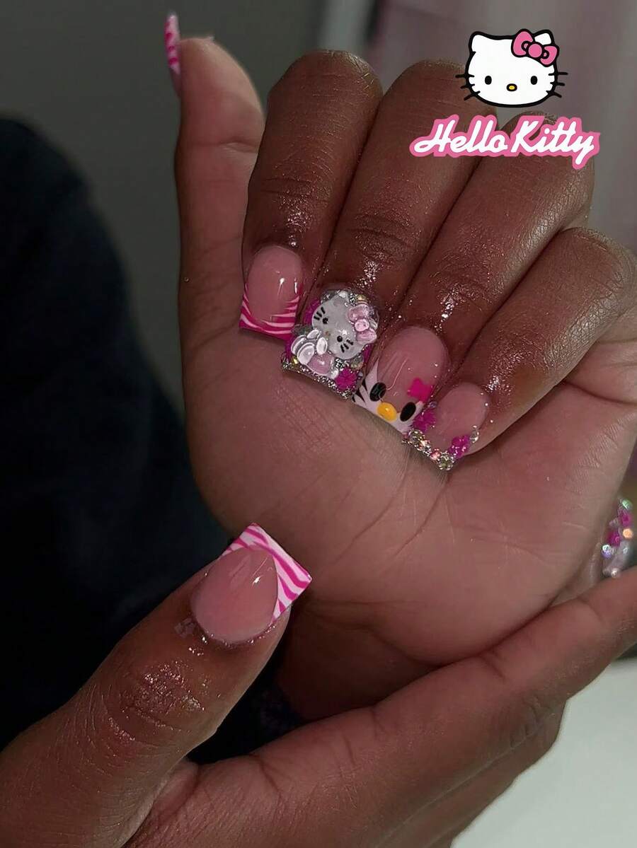 SANRIO Bộ 24 miếng dán móng tay vuông ngắn 3D lấp lấp lánh họa tiết da báo kiểu Pháp - Trang trí 3D đáng yêu với đá và hoa, vừa vặn hoàn hảo với móng giả acrylic, bao gồm 1 lọ keo và 1 dũa móng, thích hợp cho phụ nữ và bé gái sử dụng hàng ngày, dự tiệc và tụ họp. - Nhiều màu - Xem 1