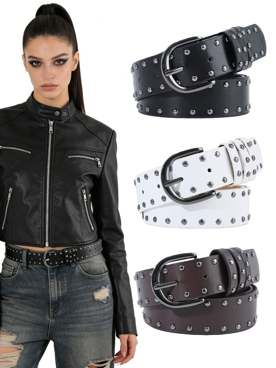 Cinturón versátil con hebilla geométrica de estilo punk con remaches, adecuado para pantalones, vestidos y uso diario - Multicolor - Ver 1