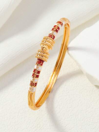 1pc Luxury Vintage Gold-Plated Brass Bangle, Enamel Floral Pattern, Engraved Design, Women's Wedding/Party Jewelry