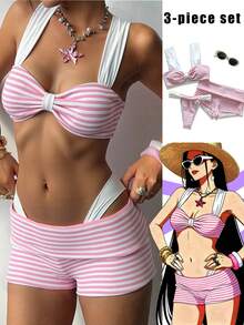 3pcs Women's Striped Fabric Bikini Set, European And American Style, Sexy And Cute Beach/Vacation Swimwear Outfits - Pink - View 4