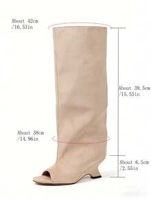 Women's Peep Toe Slouchy Knee High Boots Fashion Wedges High Heels Pull On Party Dress Fall Winter Suede Long Boots Woman - 杏色絨面革 - 查看 10