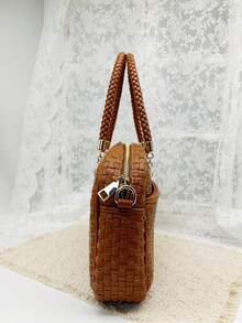 Checkered Crossbody Bag For Women Shoulder Plaid Handbags Top Handle Satchel Bag Woven Bum Bag Stylish Woven Crossbody Bag PU Leather - 純棕色 - 查看 2