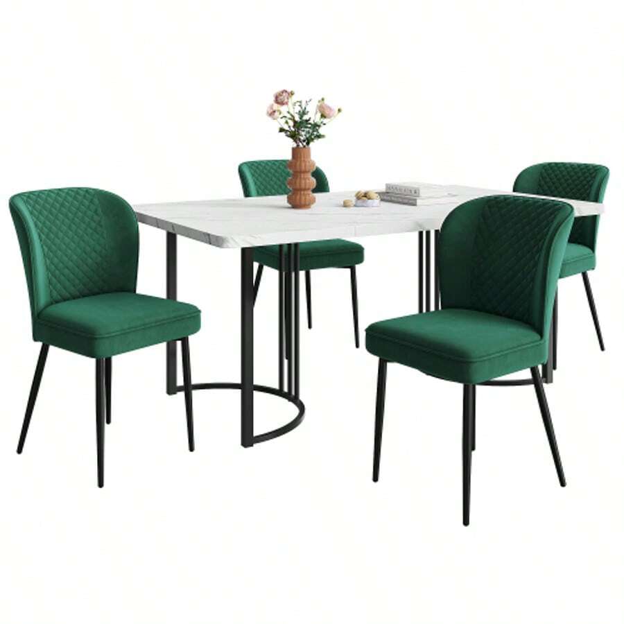 Dining Set (140*80*75cm Dining Table With 4 Chairs), Modern Kitchen Table Set, Dark Green Velvet Dining Chairs, Upholstered Designer Chair With Backrest, White MDF Tabletop, Black Table Legs - Green - View 1