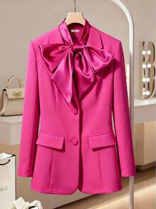 Elegant Women's Purple Red Blazer Jacket With Satin Bow, Long Sleeve Fitted Formal Work Wear For Spring - 玫紅色 - 查看 5