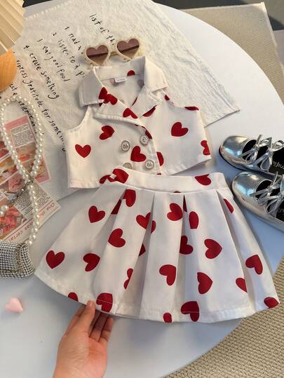 2pcs Infant/Baby GirlSweet Heart Print Lapel Vest Top And Pleated Skirt Set, Suitable For Daily, Outdoor, School, Commute, Vacation, Party, Photo Shoot