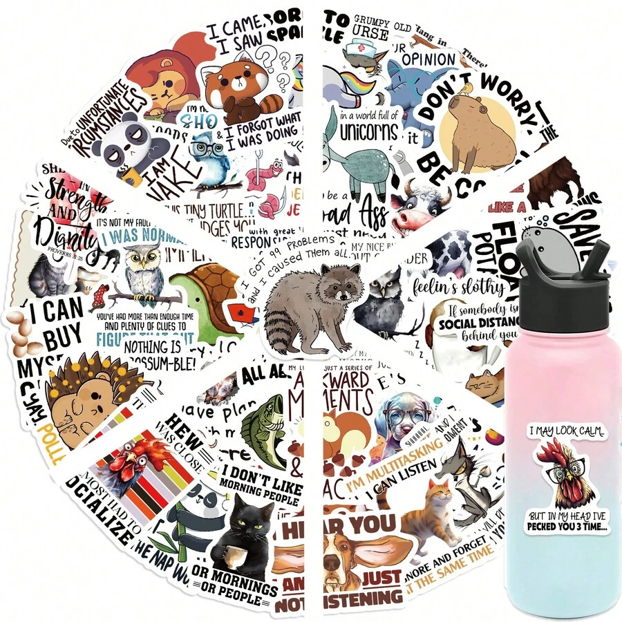 50张趣味动物语录贴纸，英文涂鸦贴纸，适用于手机壳、剪贴簿、装饰 - 彩色 - 查看 1