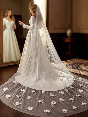 1件3米长3D立体花朵串珠新娘头纱，可爱优雅，适合女士婚纱，也适合教堂式婚礼。