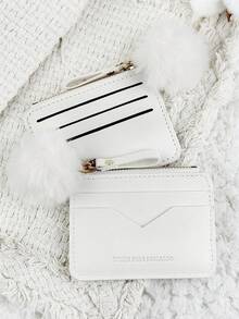 محفظة صغيرة بجيب وشارم كرة صوف، حامل بطاقات عصري بسيط خفيف الوزن محفظة نقود وبطاقات هوية وبطاقات ائتمان، هدية عيد ميلاد للنساء والمراهقات والطلاب الجامعيين والمدرسيين والرجال - أبيض - مشاهدة 5