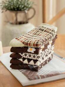 5 Pairs Retro Style Coffee Color Socks, Comfortable Breathable Mid-Calf Socks, Soft & Durable Socks, Suitable For Couples, Students, Occasions Like Valentine's Day, Parties, Outings, All Seasons - Multicolor - View 4