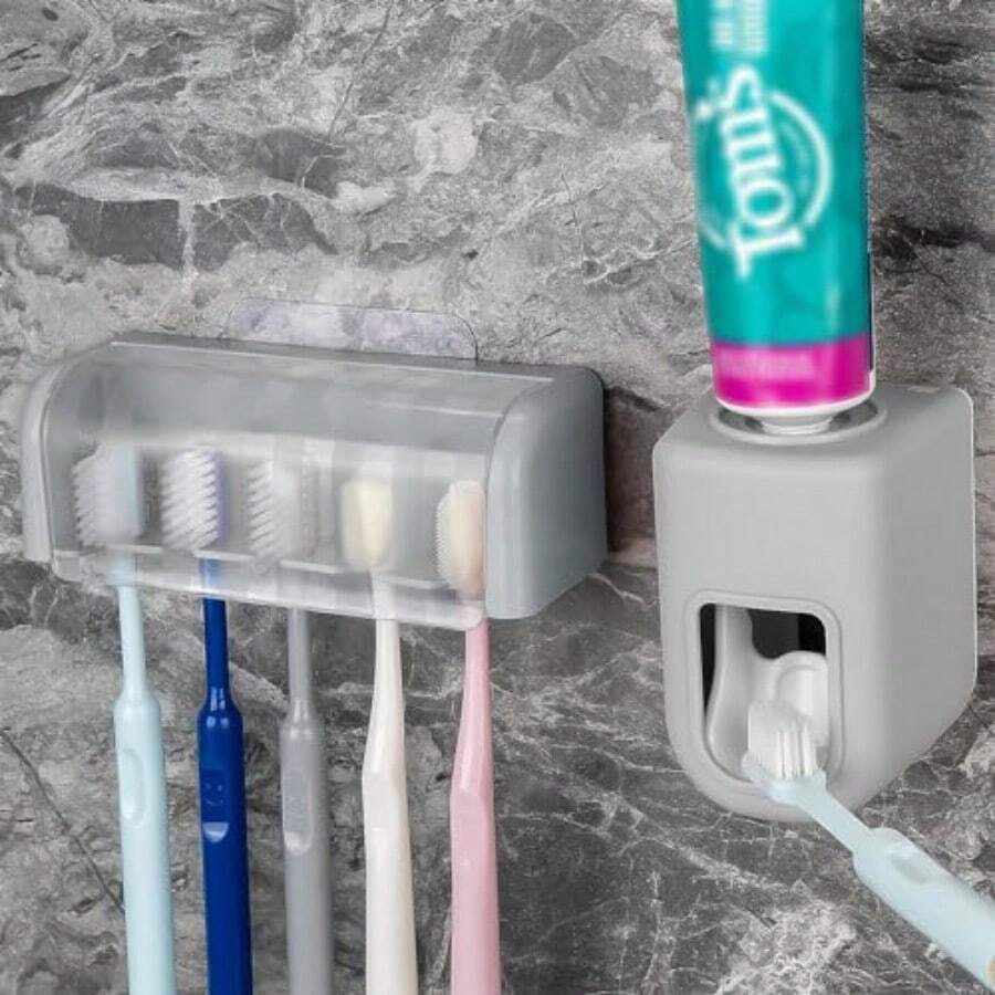 5 Slots Wall Mount Toothbrush Holder With Cover Self Adhesive Toothbrush Storage Organizer For Shower Toothbrush Hanger With Automatic Toothpaste Squeezer Dispenser - 灰色組合 - 查看 1