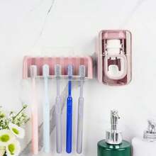 5 Slots Wall Mount Toothbrush Holder With Cover Self Adhesive Toothbrush Storage Organizer For Shower Toothbrush Hanger With Automatic Toothpaste Squeezer Dispenser - Pink Combination - View 4