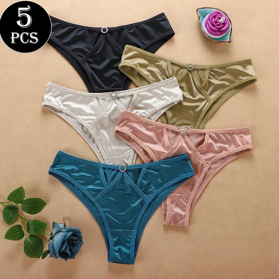 5PCS Women's Underwear, Fashionable Zirconia Hollow Sexy Low Waist Briefs Sexy Ring Hollow Comfortable Women's Briefs Shorts - 彩色 - 查看 1