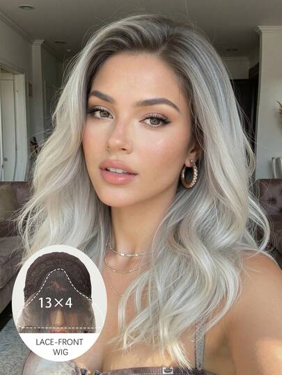 13*4 High-Definition Front Lace Wig, Elegant, Fashionable And Natural Lace Wig, Omber Gray 16-Inch Medium Long Roll High-Quality Women's Lace Wig, Heat-Resistant Synthetic Lace Wig Is Suitable For Actors To Wear Daily On Festivals, Travels, Role-Playing, Parties, Gatherings And Other Occasions. It's Very Easy To Wear And Is A Festival Gift For Girls