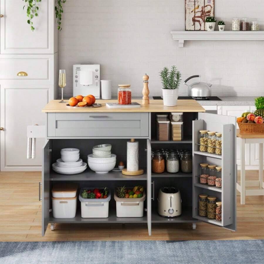 Large Mobile Kitchen Table (L 132.5 X W 44(70) X H 90 Cm), Folding Worktop, Oak Finish, Multifunctional Unit With Spice Rack And Towel Rack, 5 Casters, Ideal For The Kitchen, Dining Room Or Home. - Grey - View 1