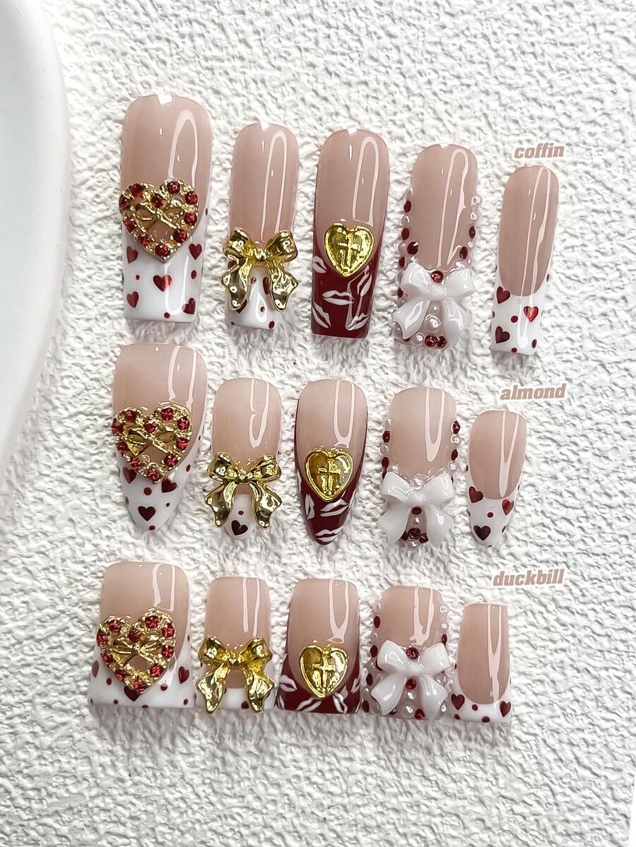 10pcs Romantic Valentine's Day Nail Stickers, Including Coffin Shape, Almond Shape, Duck Shape, French Manicure Stickers, Gold Hearts, Bow Nail Decorations, Hand-Painted Lips, Shiny Hearts, White Nail Polish, Faux Pearls And Red Rhinestones. Includes Tool Kit (1 Jelly Sticker + 1 Nail File), Ideal For Women To Use On Parties, Holidays, Dates, Valentine's Day And Other Occasions, Perfect Nail Art Supplies. Nails - Nhiều màu - Xem 1