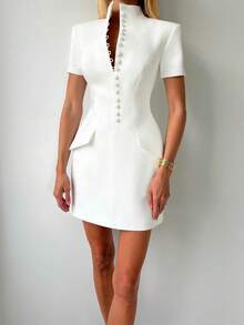 Elegant Daily Business Casual Workwear Commute Formal Vintage Waist Cinched Mini Dress White Summer - White - View 7